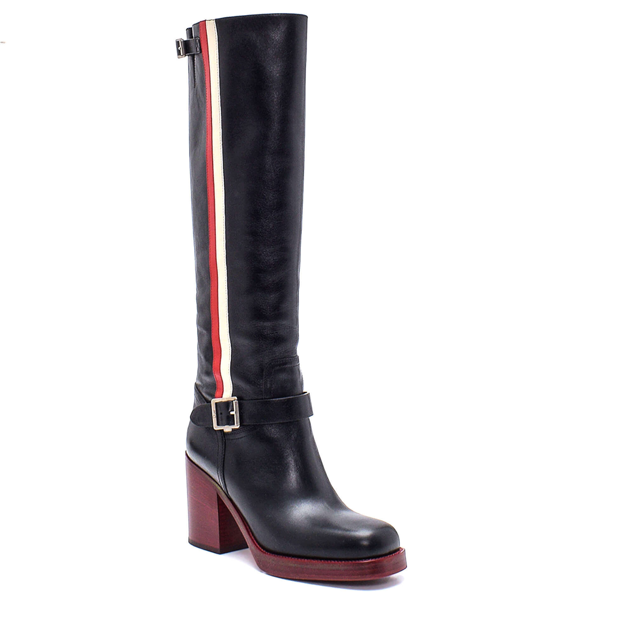 Christian Dior - Black Leather Buckle Fastening Striped Diorider Tall Boots